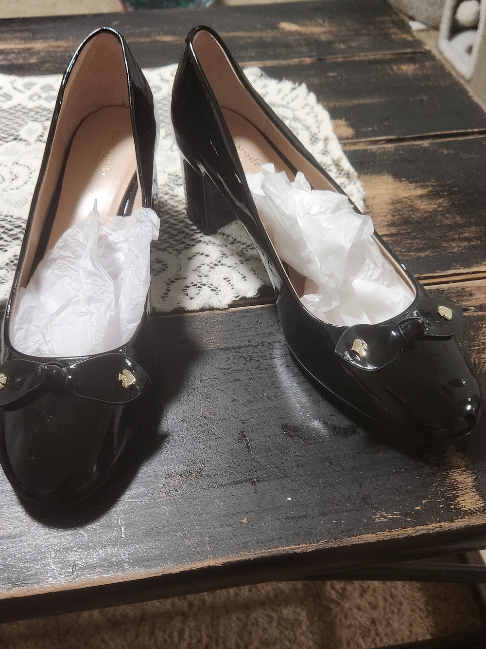 kate spade Benice Black Patent Block Heel Pumps with Bow and Gold Heart Accents